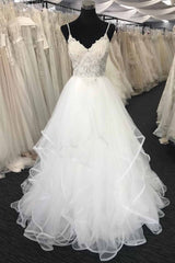 Wedding Dress Classy, Long A-line Sweetheart Spaghetti Straps Lace Tulle Wedding Dress