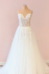 Wedding Dresses For Bride, Long A-Line Sweetheart Tulle Appliques Lace Wedding Dress