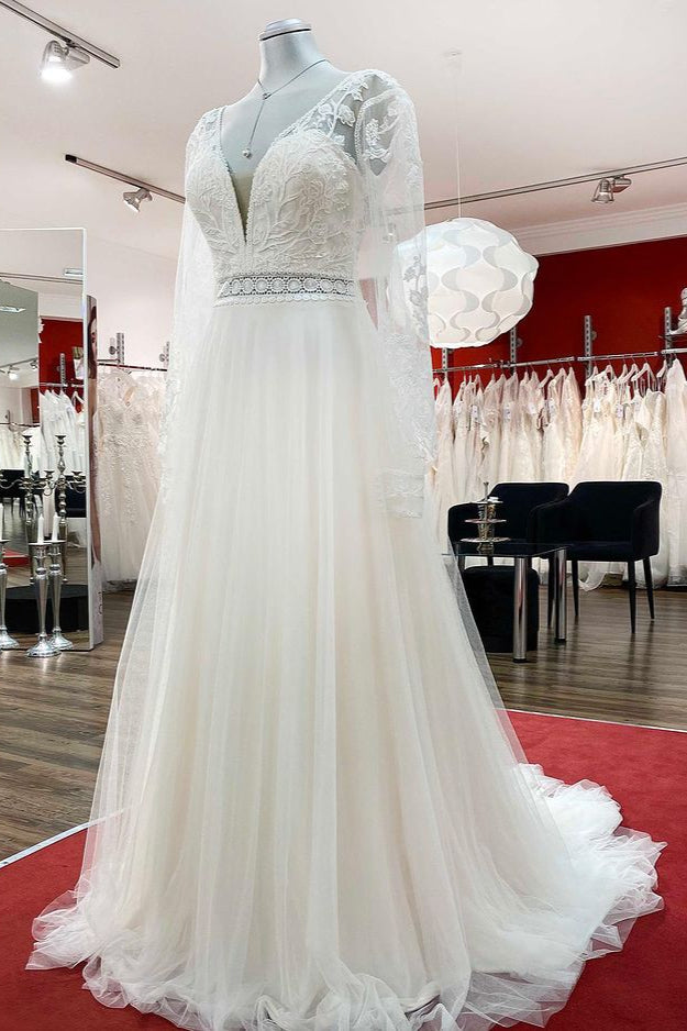 Wedding Dresses Beautiful, Long A-line Sweetheart Tulle Beadings Lace Appliques Wedding Dresses With Sleeves