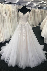Wedding Dress Sleevs, Long A-line Sweetheart Tulle Lace Spaghetti Straps Wedding Dress