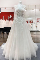 Wedding Dress Colored, Long A-line Sweetheart Tulle Open Back Wedding Dress