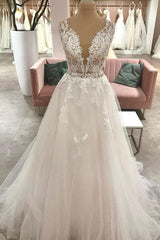 Wedding Dress White, Long A-Line Sweetheart Tulle Wedding Dress With Appliques Lace