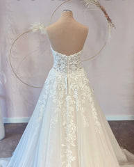 Wedding Dress Tulle, Long A-line Sweetheart Tulle Wedding Dress with Lace