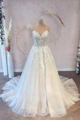 Wedding Dress Under 503, Long A-line Sweetheart Tulle Wedding Dress with Lace