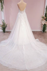 Wedding Dresses Casual, Long A-Line Tulle Backless Appliques Lace Sweetheart Wedding Dress