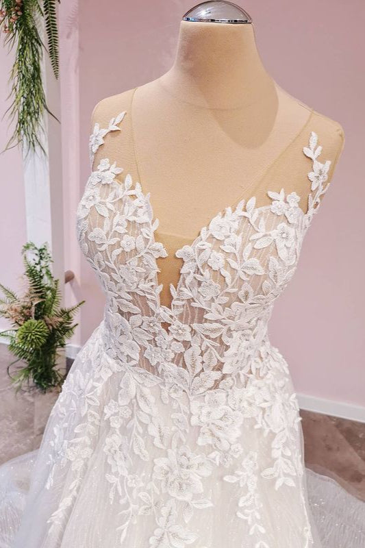 Wedding Dress Sexy, Long A-Line Tulle Backless Appliques Lace Sweetheart Wedding Dress