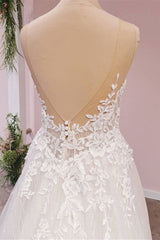 Wedding Dress Hire Near Me, Long A-Line Tulle Backless Appliques Lace Sweetheart Wedding Dress