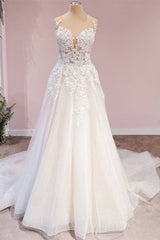 Wedding Dress Under 1004, Long A-Line Tulle Backless Appliques Lace Sweetheart Wedding Dress