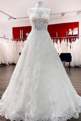 Wedding Dresses Designers, Long A-line Tulle Jewel Lace Appliques Wedding Dresses