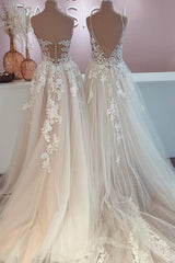 Wedding Dresses Dresses, Long A-Line Tulle Lace Appliques Backless Wedding Dress