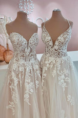 Wedding Dress Deals, Long A-Line Tulle Lace Appliques Backless Wedding Dress