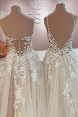 Wedding Dresses Bridesmaid, Long A-Line Tulle Lace Appliques Backless Wedding Dress