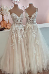 Wedding Dress Dresses, Long A-Line Tulle Lace Appliques Backless Wedding Dress