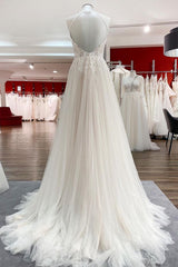 Wedding Dresses Inspo, Long A-line Tulle  Open Back Halter Sleeveless Lace Wedding Dresses