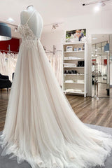 Wedding Dress For, Long A-line Tulle  Open Back Halter Sleeveless Lace Wedding Dresses