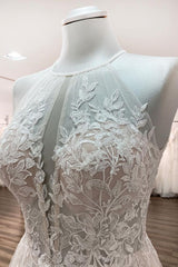 Wedding Dresses Idea, Long A-line Tulle  Open Back Halter Sleeveless Lace Wedding Dresses