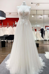 Wedding Dresses Different, Long A-line Tulle  Open Back Halter Sleeveless Lace Wedding Dresses
