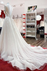Wedding Dress Sale, Long A-line Tulle Sleevless Ruffles Jewel Wedding Dress With Lace Appliques