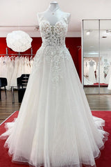 Wedding Dresses 2025, Long A-line Tulle Sleevless Ruffles Jewel Wedding Dress With Lace Appliques