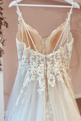 Wedding Dress Tulle, Long A-Line Tulle Sweetheart Appliques Lace Wedding Dress