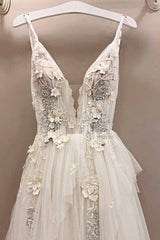 Wed Dress Lace, Long A-line Tulle V Neck Lace Applique Wedding Dress