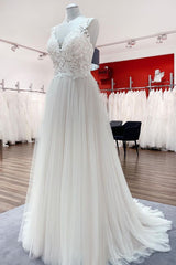 Wedding Dresses Style, Long A-line Tulle V Neck Open Back Appliques Lace Wedding Dress