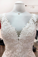 Wedding Dress Styling, Long A-line Tulle V Neck Open Back Appliques Lace Wedding Dress