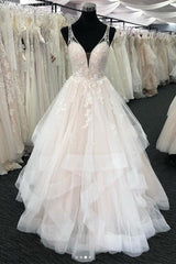 Wedding Dresses Beach, Long A-line Tulle V Neck Open Back Layered Wedding Dress