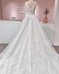 Wedding Dress For Big Bust, Long A-line V-neck Appliques Lace Backless Tulle Ruffles Wedding Dress