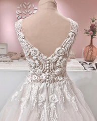 Wedding Dress Rustic, Long A-line V-neck Appliques Lace Backless Tulle Ruffles Wedding Dress