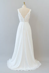 Wedding Dress Designer, Long A-line V-neck Appliques Lace Chiffon Wedding Dress