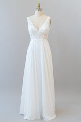 Wedding Dress On A Budget, Long A-line V-neck Appliques Lace Chiffon Wedding Dress