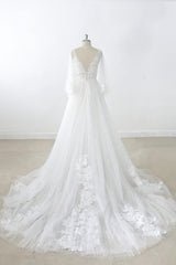 Wedding Dresses Designs, Long A-line V-neck Appliques Lace Tulle Backless Wedding Dress with Sleeves