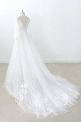 Wedding Dresses Designer, Long A-line V-neck Appliques Lace Tulle Backless Wedding Dress with Sleeves