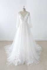 Wedding Dress For Bridesmaid, Long A-line V-neck Appliques Lace Tulle Backless Wedding Dress with Sleeves