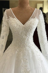 Wedding Dress Cheaper, Long A-line V-neck Appliques Lace Tulle Wedding Dress with Sleeves