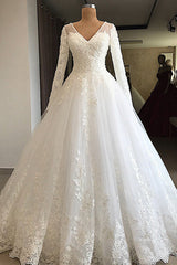 Wedding Dresses Cheaper, Long A-line V-neck Appliques Lace Tulle Wedding Dress with Sleeves