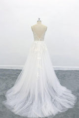 Wedding Dresses A Line, Long A-line V-neck Backless Appliques Lace Tulle Wedding Dress
