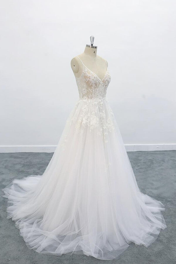 Wedding Dresses Dress, Long A-line V-neck Backless Appliques Lace Tulle Wedding Dress
