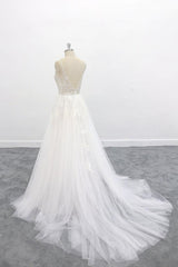 Wedding Dress Dress, Long A-line V-neck Backless Appliques Lace Tulle Wedding Dress