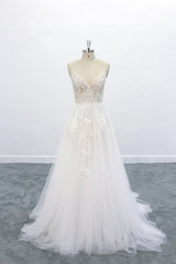 Wedding Dress Aesthetic, Long A-line V-neck Backless Appliques Lace Tulle Wedding Dress