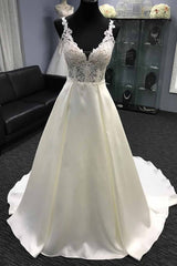Wedding Dress Fit, Long A-Line V Neck Halter Satin Wedding Dress