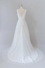 Wedding Dresses Mermaid, Long A-line V-neck Lace Tulle Backless Wedding Dress