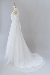Wedding Dress Mermaid, Long A-line V-neck Lace Tulle Backless Wedding Dress