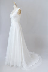 Wedding Dress Long Sleeve, Long A-line V-neck Lace Tulle Backless Wedding Dress