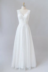 Wedding Dress Lace, Long A-line V-neck Lace Tulle Backless Wedding Dress
