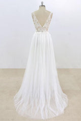 Wedding Dress Outlets, Long A-line V-neck Lace Tulle Open Back Wedding Dress