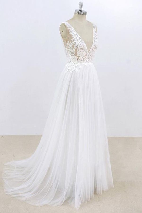 Wedding Dress Outlet, Long A-line V-neck Lace Tulle Open Back Wedding Dress