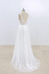 Wedding Dresses Outlet, Long A-line V-neck Lace Tulle Open Back Wedding Dress