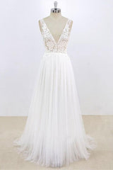 Wedding Dresses Spring, Long A-line V-neck Lace Tulle Open Back Wedding Dress